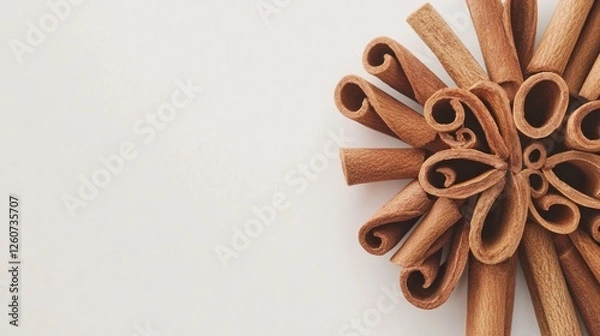 Fototapeta Cinnamon Sticks Arranged in a Circular Design on a White Background, for Food Photography or Presentation