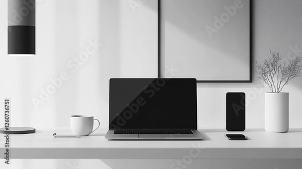 Fototapeta A laptop is on a desk with a cup of coffee and a vase of flowers. The laptop is turned off, and the desk is clean and organized. Concept of productivity and focus