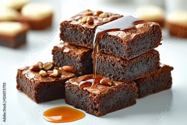 Fototapeta Stacked Chocolate Brownies Drizzled with Maple Syrup and Almonds
