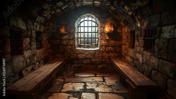 Fototapeta Gloomy medieval dungeon chamber with stone walls and barred window