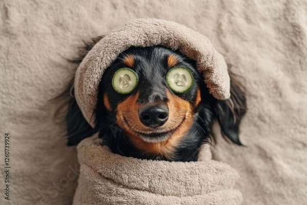 Fototapeta Dachshund dog relaxing with beauty mask and cucumber slices during spa procedures