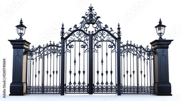 Obraz Ornate black wrought iron gates with a majestic gothic design, featuring intricate patterns and arches