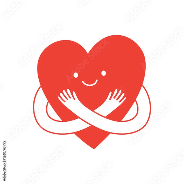 Fototapeta Vector logo design template and graphic element for advertising, branding, heart shape and love, funny cartoon illustrations with smiling character, valentine day mascot, self care concept