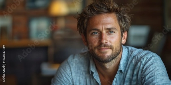 Fototapeta Portrait of a Thoughtful Individual in a Cozy Interior Setting with Warm Ambient Lighting, Highlighting Expression and Casual Attire