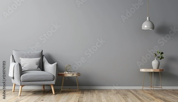 Fototapeta Modern gray living room with armchair, side table, hanging lamp, and empty wall background. Minimalist elegance.