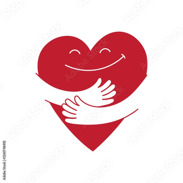 Fototapeta Vector logo design template and graphic element for advertising, branding, heart shape and love, funny cartoon illustrations with smiling character, valentine day mascot, self care concept