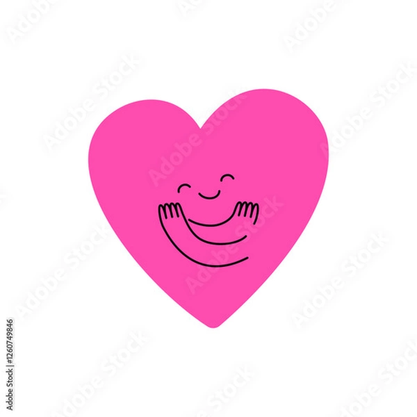 Fototapeta Vector logo design template and graphic element for advertising, branding, heart shape and love, funny cartoon illustrations with smiling character, valentine day mascot, self care concept