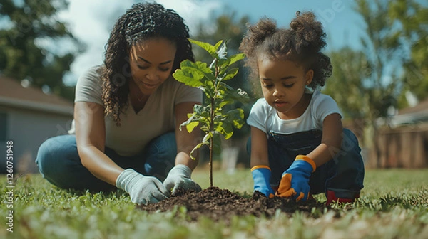 Obraz A heartwarming scene of a mother and daughter planting a young tree