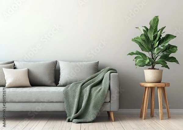 Fototapeta Minimalist Living Room with Cozy Gray Sofa Soft Green Blanket Stylish Potted Plant Natural Light Scandinavian Design