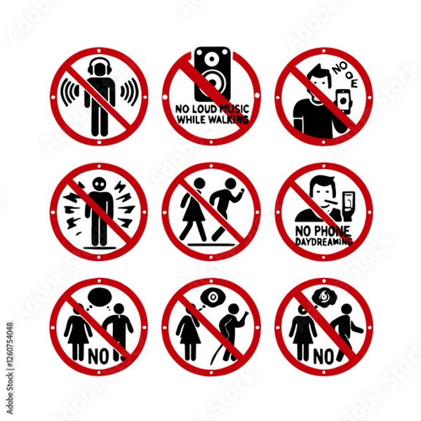Fototapeta Hand drawn illustration. The illustration shows a set of prohibitory signs in red circles with a diagonal line. "No loud music in headphones", "using a phone while walking", "daydreaming with a phone"