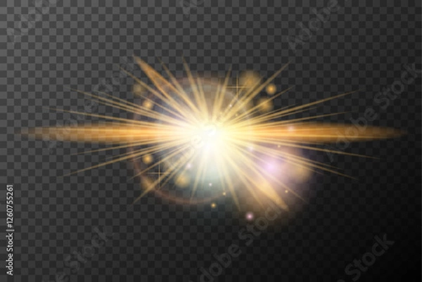 Obraz Light flash effect with flares and glow on a transparent background. Magical glow, shining light, star, optical flares for design, photomontage, New Year, and festive projects.