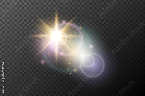 Obraz Light flash effect with flares and glow on a transparent background. Magical glow, shining light, star, optical flares for design, photomontage, New Year, and festive projects.