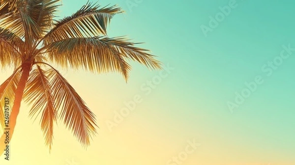 Fototapeta Vibrant palm leaf tree illuminated by sunlight against a clear sky with abstract grunge texture in orange, yellow, teal, green, blue tones. Tropical summer background for travel and design concepts.