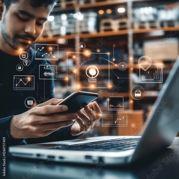 Fototapeta A professional holding a smartphone and working on a laptop, procurement management icons hovering in mid-air, supply chain diagrams seamlessly integrating with retail visuals