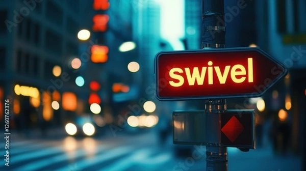 Fototapeta Urban cityscape featuring a vibrant red sign with the word "swivel" illuminated against a backdrop of blurred city lights and a bustling street scene
