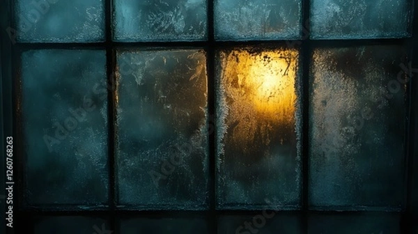 Fototapeta A frosty window pane, showing a warm glow from behind the glass, Winter's embrace. Frosty Window Pane, A Warm Glow Through Winter's Embrace detailed texture background.