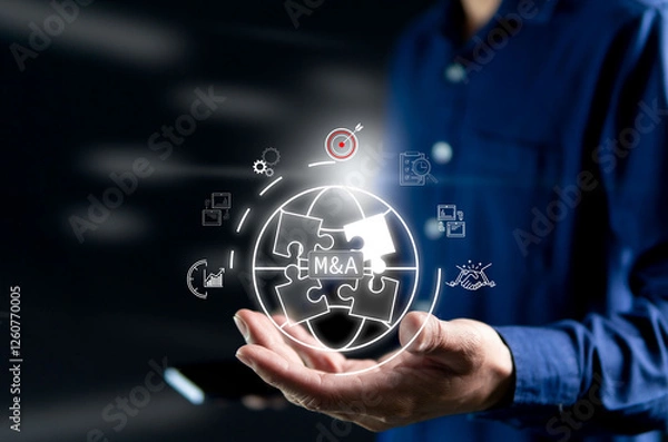 Fototapeta Mergers and acquisitions increased bargaining power in the global market Hologram white light icon placed on businessman's hand. Add white light and soft blur background.