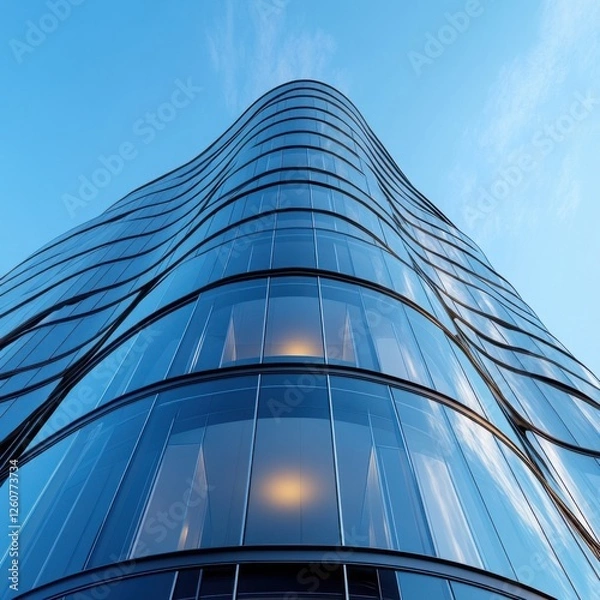 Obraz 3D stimulate of high rise curve glass building and dark steel window system on blue clear sky background