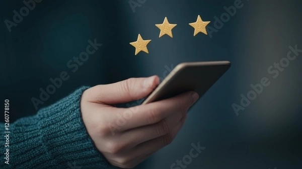 Fototapeta Stylish Hand Holding Smartphone with Three Floating Golden Stars Above It Representing Excellent Reviews and User Satisfaction