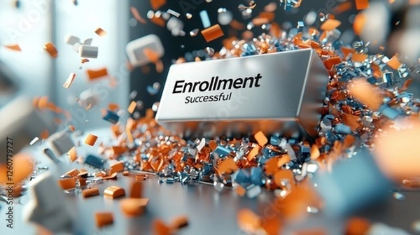Fototapeta Successful enrollment celebratory confetti metallic box achievement accomplishment success registration confirmation digital online message notification 3D render abstract technology futuristic