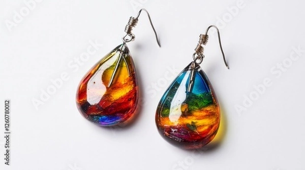 Obraz Rainbow glass teardrop earrings with silver wire hooks reflecting light