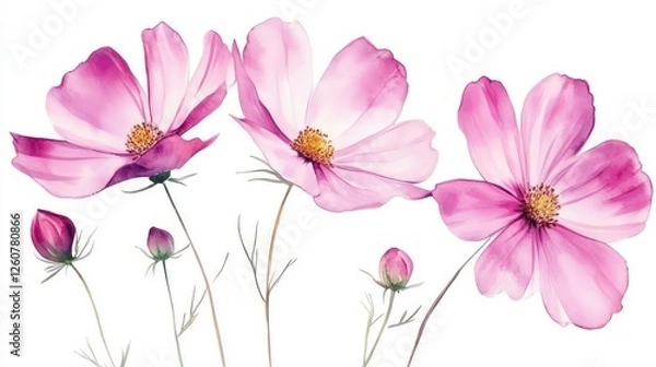 Fototapeta Watercolor cosmos flowers bouquet on white background. Possible use for a botanical wallpaper