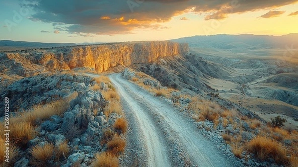 Fototapeta Rugged canyon road sunset dramatic landscape serene peaceful adventurous journey winding path desert mountains rocks dusk twilight golden hour nature landscape scenery travel exploration adventure