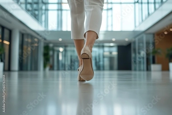 Fototapeta Businesswoman walking in modern office corridor wearing elegant high heels shoes