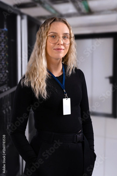 Obraz Female IT professional in datacenter with confident expression wearing security identification badge. IT consultant in server and network room