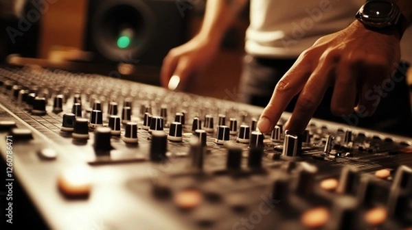 Obraz Hands adjusting audio mixer in studio; music production