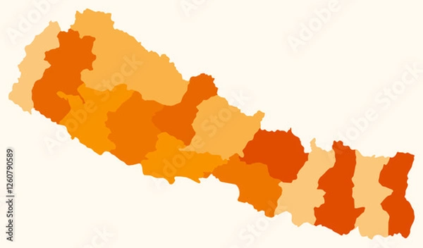 Fototapeta Map of Nepal with regions. Just a simple country border map with region division. Orange color palette. Blank Nepal shape with administrative division. Vector illustration.