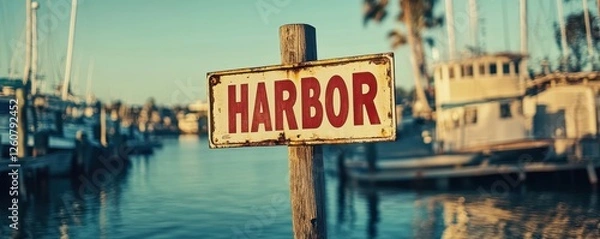 Fototapeta A harbor scene at sunset, featuring a weathered wooden sign with bold red letters reading "HARBOUR," set against docked boats and the tranquil water