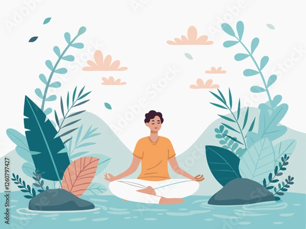Fototapeta Mindfulness Meditation Vector Illustration: Peaceful Nature, Calming Setting, Zen Style, Pastel Colors, Soft Light, Tranquility, Serenity, Relaxation, Wellbeing, Mental Health