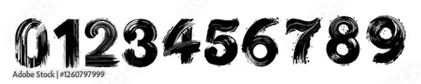 Fototapeta A set of bold black numbers from 0 to 9 designed with a grunge brush stroke style on a white background. Vector illustration