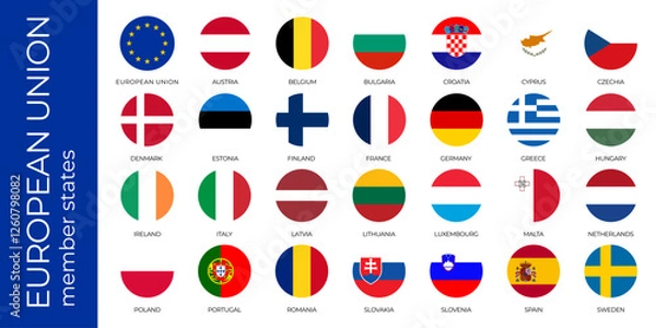 Fototapeta Vector illustration of circular flags representing European Union member states, including the EU flag, arranged in a grid with country names