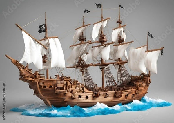 Fototapeta Detailed 3D model of pirate ships with sails maritime adventure on white light background