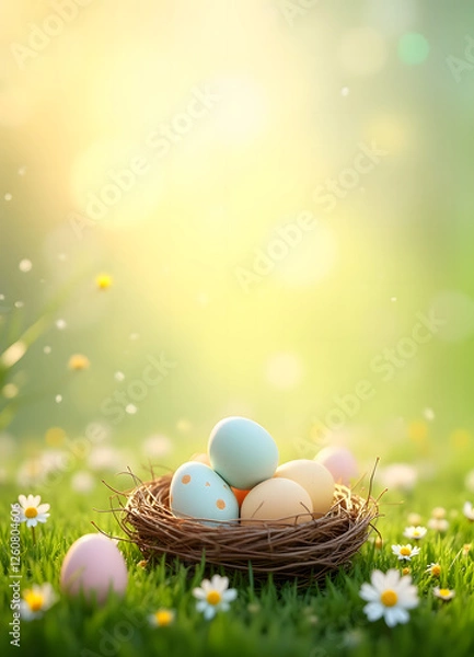 Fototapeta vertical easter template with eggs in nest on soft gentle green background
