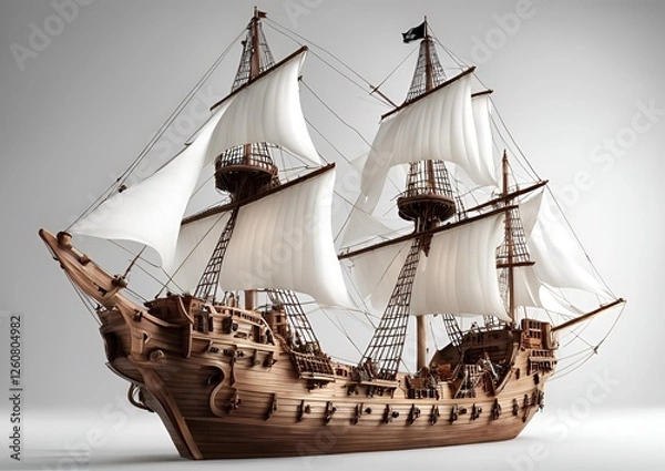 Fototapeta Detailed 3D model of pirate ships with sails maritime adventure on white light background
