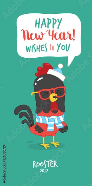 Fototapeta Greeting card Happy New Year. Red rooster wishes to you a happy holidays. Vector illustration.