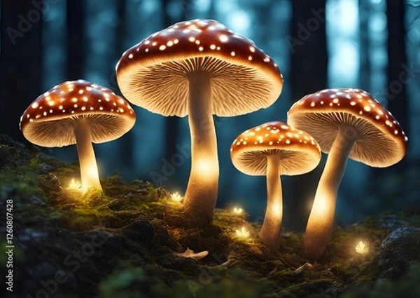 Fototapeta Glowing mushrooms cluster illuminated enchanting magical forest scene on white light background