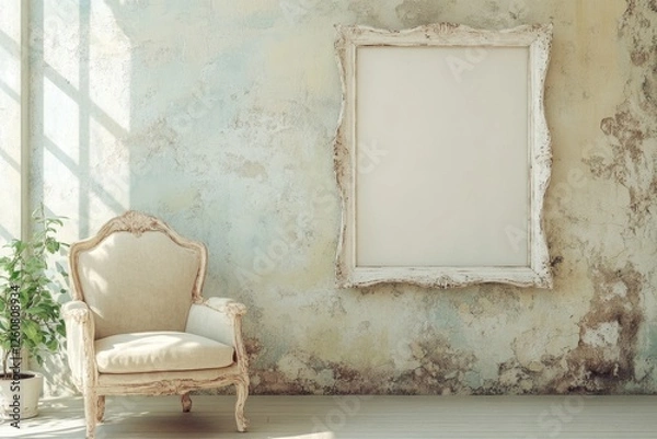 Fototapeta Elegant vintage chair and empty ornate frame create a tranquil artistic space in a sunlit room with a weathered wall