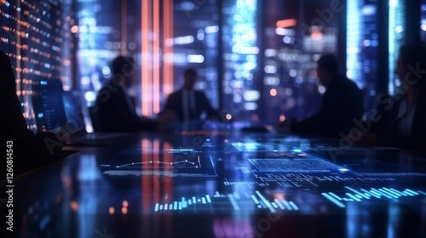 Fototapeta Business people sitting at a table with a computer screen. Business analysis cost teamwork. Generative graphs of the meeting. Professionals gathered around a table with a computer lifestyle display.