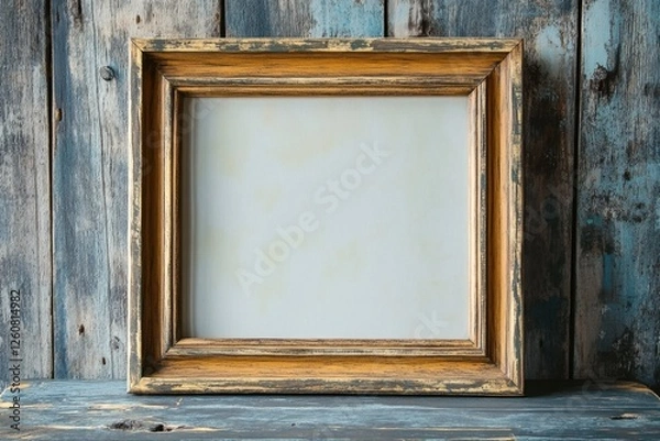 Obraz Vintage wooden frame awaits a cherished piece of art against a rustic blue wooden background