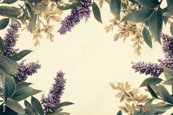 Obraz Vibrant floral border with a blend of purple and golden leaves set against a soft neutral background