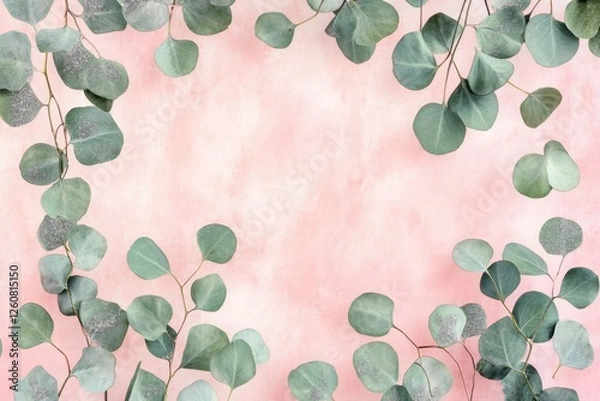 Fototapeta Elegant arrangement of eucalyptus leaves on a soft pink background creating a serene atmosphere