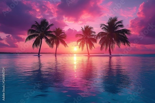Fototapeta Serene sunset over tranquil waters with palm trees silhouetted against vibrant sky colors