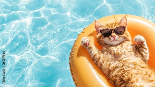 Fototapeta A cat wearing sunglasses on an orange inflatable ring, relaxing in the pool.