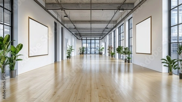 Fototapeta Large, empty room with white walls and wooden floors