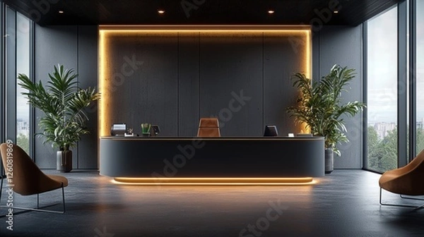 Fototapeta Modern office with a black desk and two chairs
