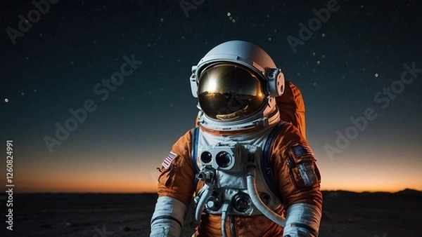 Obraz Astronaut Exploring Alien Landscape During Twilight on Another Planet Under a Star-Filled Sky